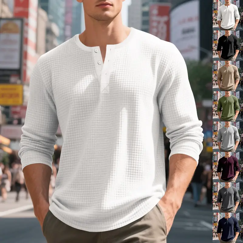 Men's Beige Waffle Knit Long Sleeve T-Shirt - Image 9