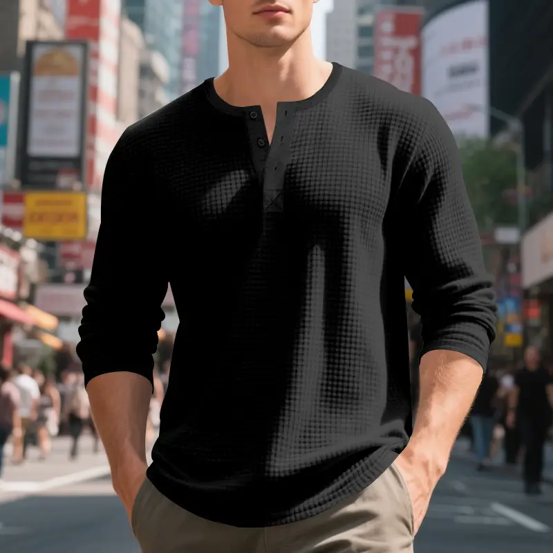 Men's Beige Waffle Knit Long Sleeve T-Shirt - Image 11