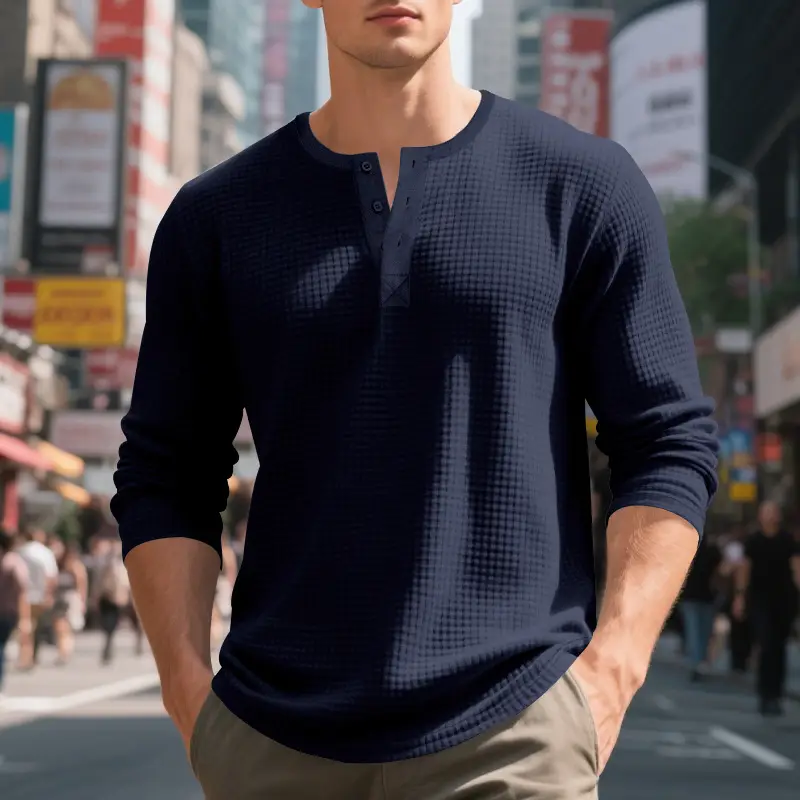 Men's Beige Waffle Knit Long Sleeve T-Shirt — feature 13