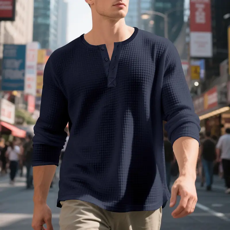 Men's Beige Waffle Knit Long Sleeve T-Shirt — feature 14