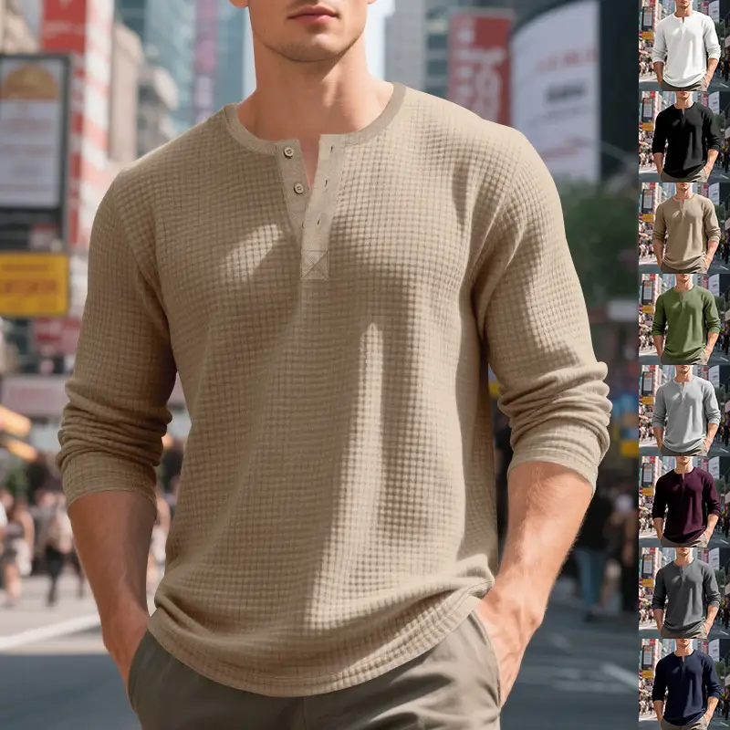 Men's Beige Waffle Knit Long Sleeve T-Shirt — feature 2