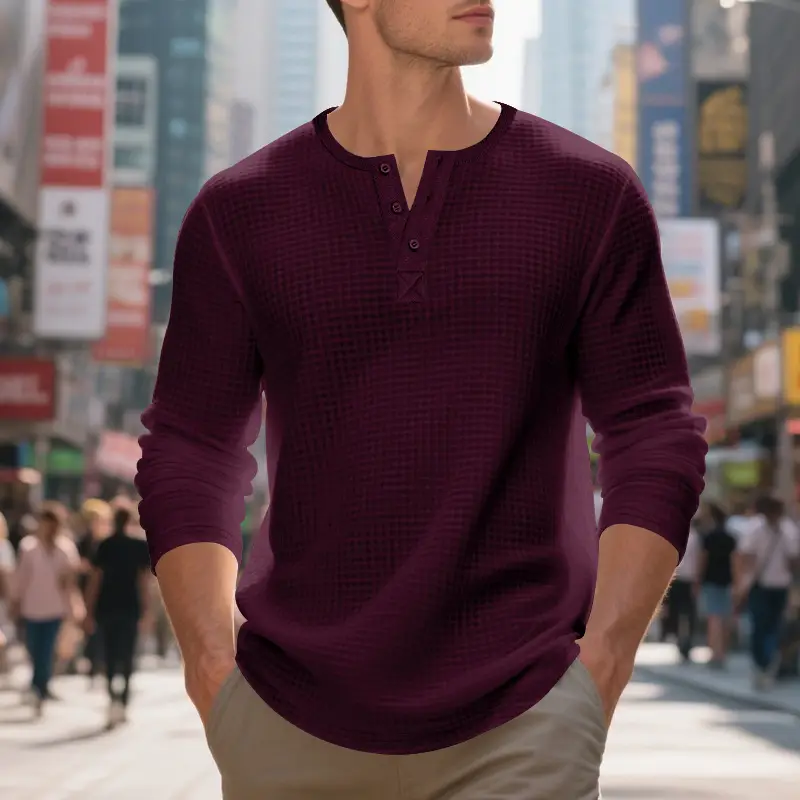 Men's Beige Waffle Knit Long Sleeve T-Shirt — feature 31