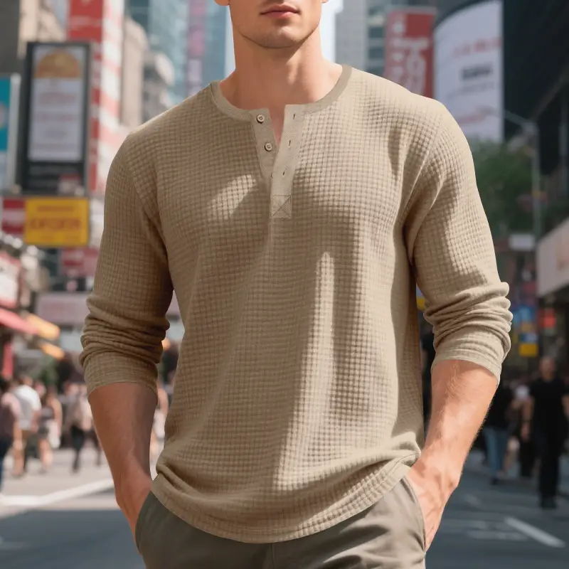 Men's Beige Waffle Knit Long Sleeve T-Shirt — feature 45