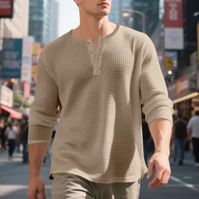 Men's Beige Waffle Knit Long Sleeve T-Shirt — feature 46