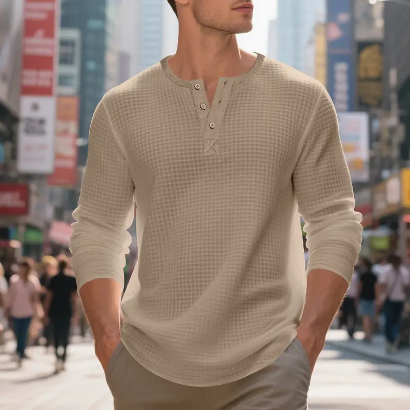 Men's Beige Waffle Knit Long Sleeve T-Shirt — feature 47