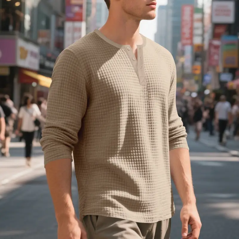 Men's Beige Waffle Knit Long Sleeve T-Shirt — feature 48