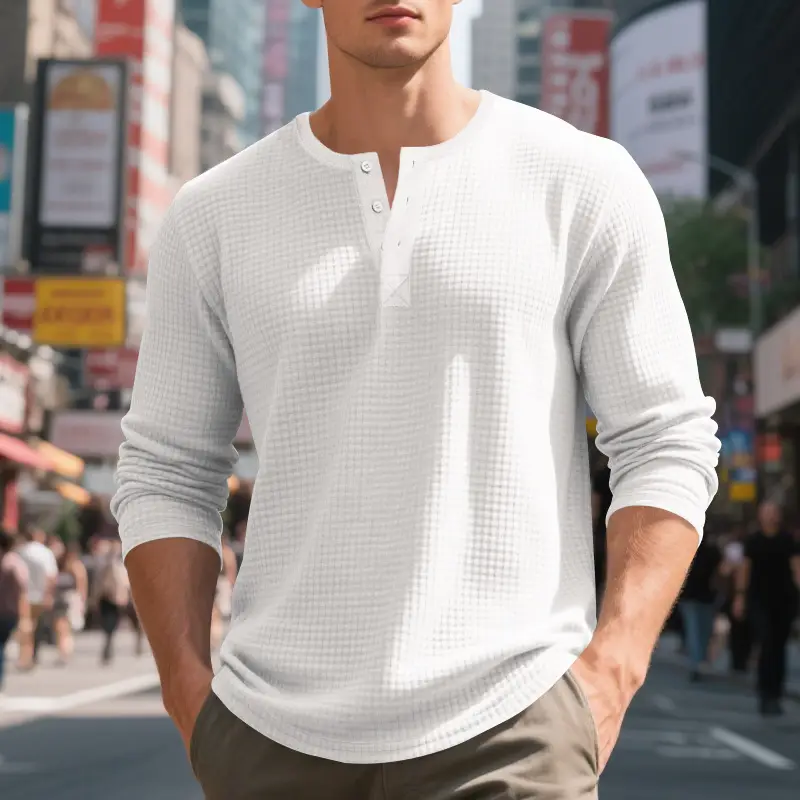 Men's Beige Waffle Knit Long Sleeve T-Shirt — feature 5