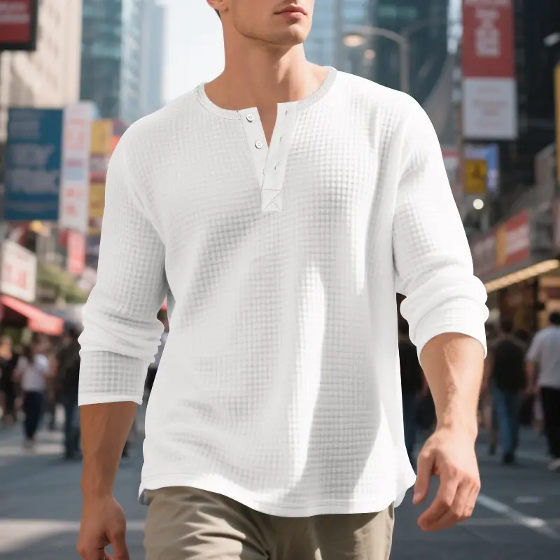 Men's Beige Waffle Knit Long Sleeve T-Shirt — feature 6