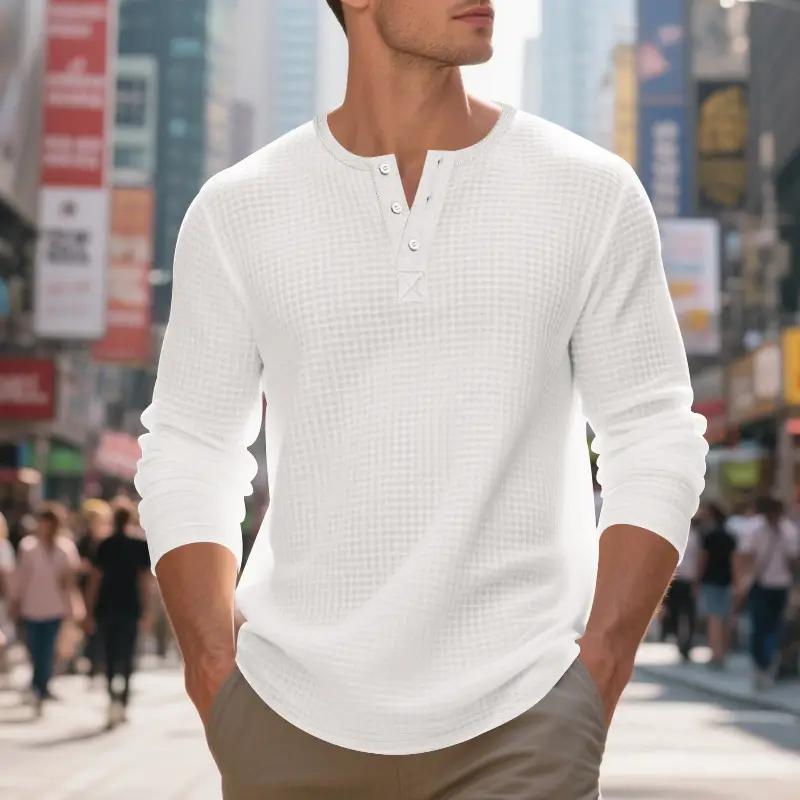 Men's Beige Waffle Knit Long Sleeve T-Shirt — feature 7