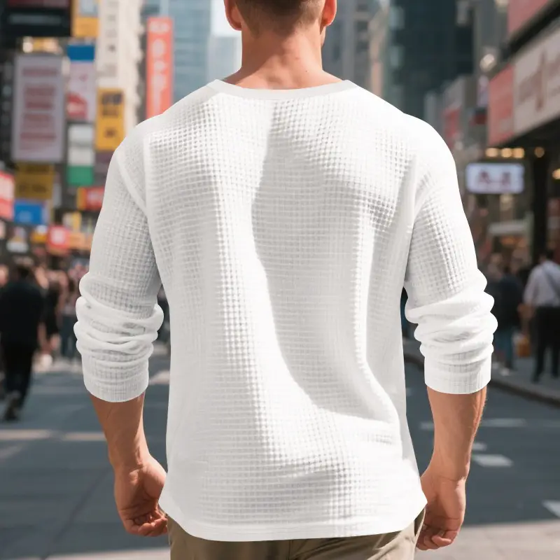 Men's Beige Waffle Knit Long Sleeve T-Shirt — feature 9
