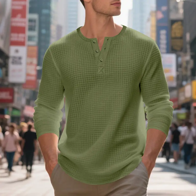 Men's Beige Waffle Knit Long Sleeve T-Shirt - Image 4