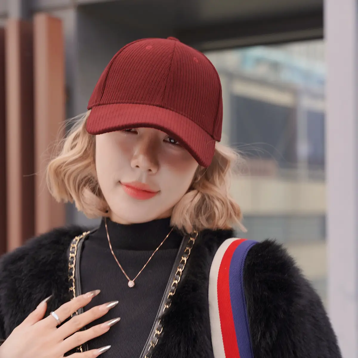 Green Corduroy Baseball Cap for Women Winter Warm - Image 6