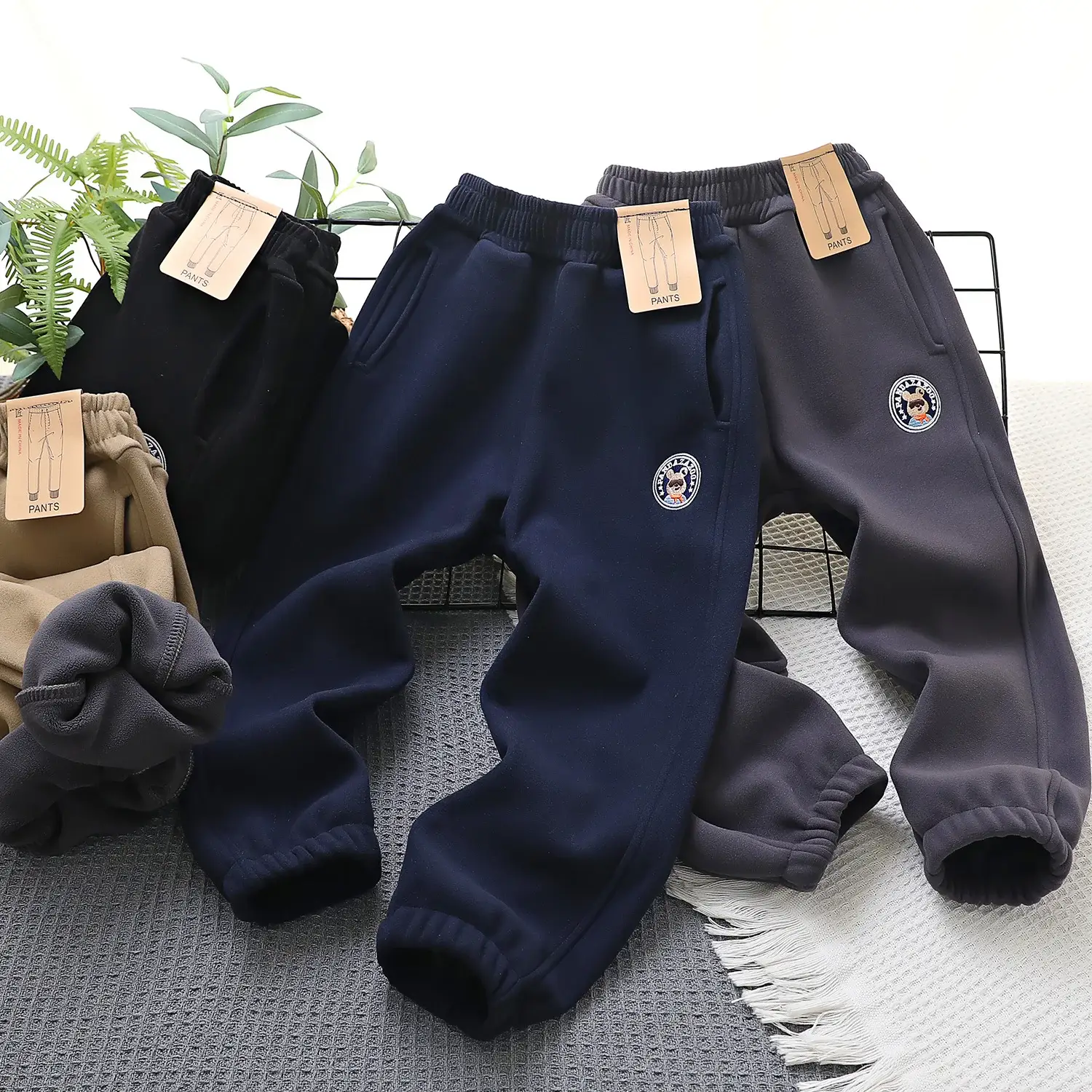 Kids Windproof Velvet Pants Grey Medium Large — feature 1