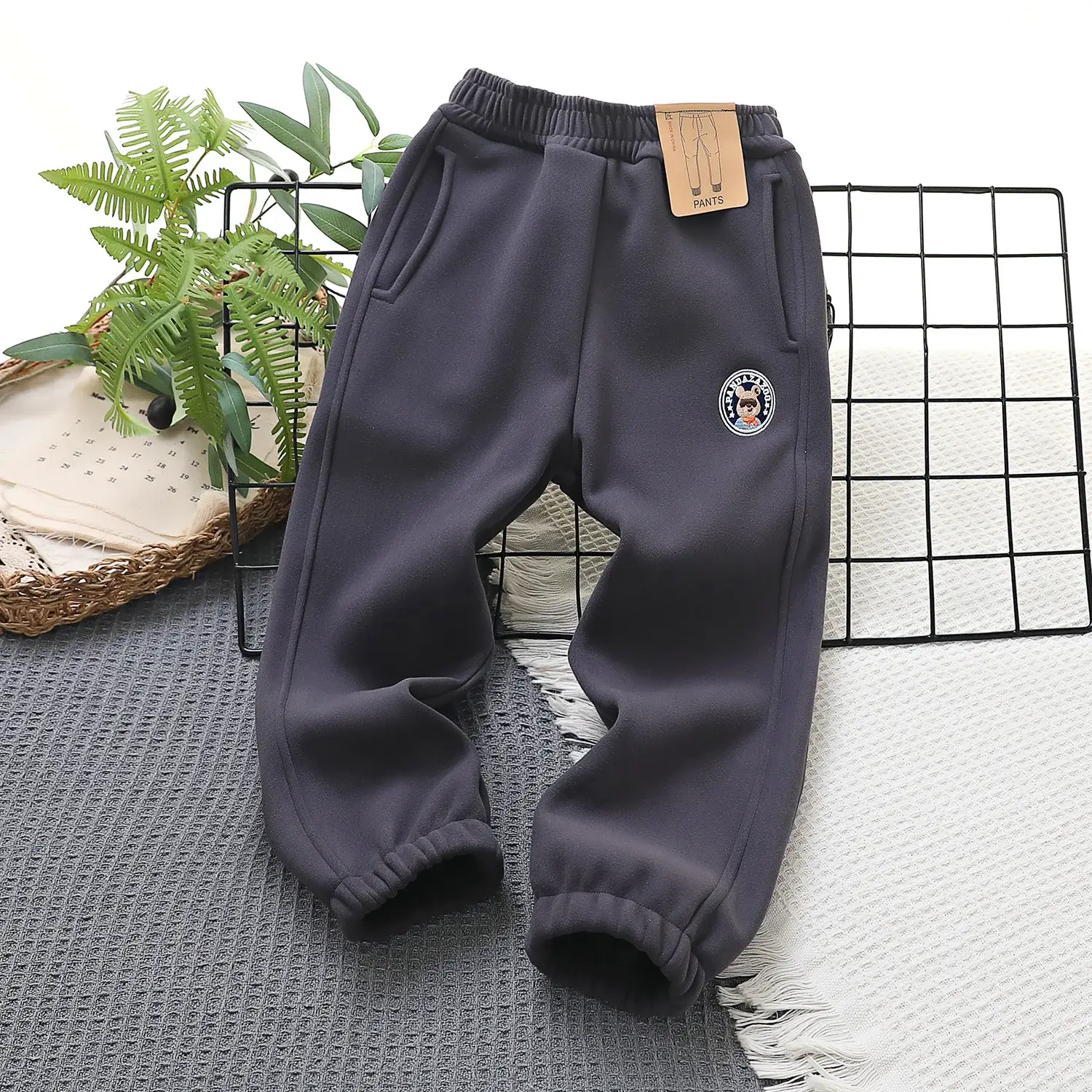 Kids Windproof Velvet Pants Grey Medium Large — feature 6