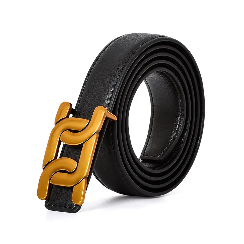 Women's Black Leather Belt with Gold Decorative Waist Seal