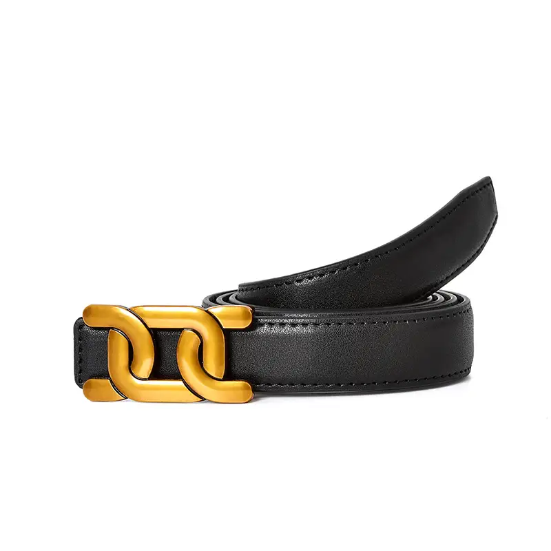Women's Black Leather Belt with Gold Decorative Waist Seal