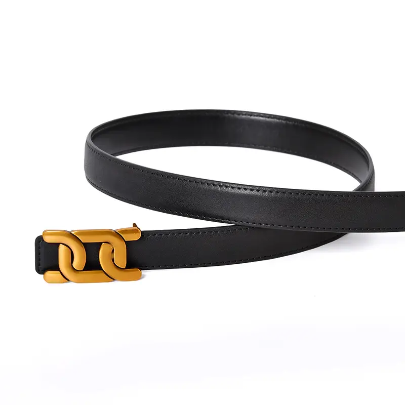 Women's Black Leather Belt with Gold Decorative Waist Seal — feature 3