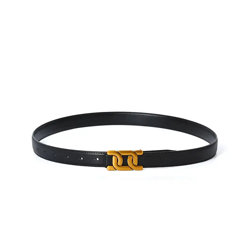 Women's Black Leather Belt with Gold Decorative Waist Seal — feature 7