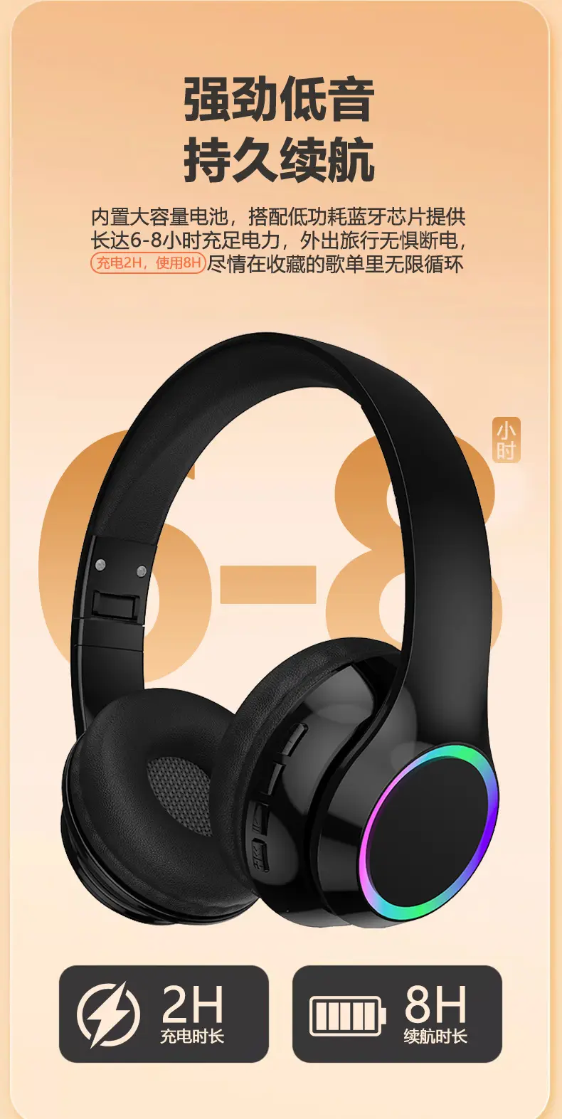 Wireless Bluetooth Headset with LED Light & 40mm Sound β feature 9