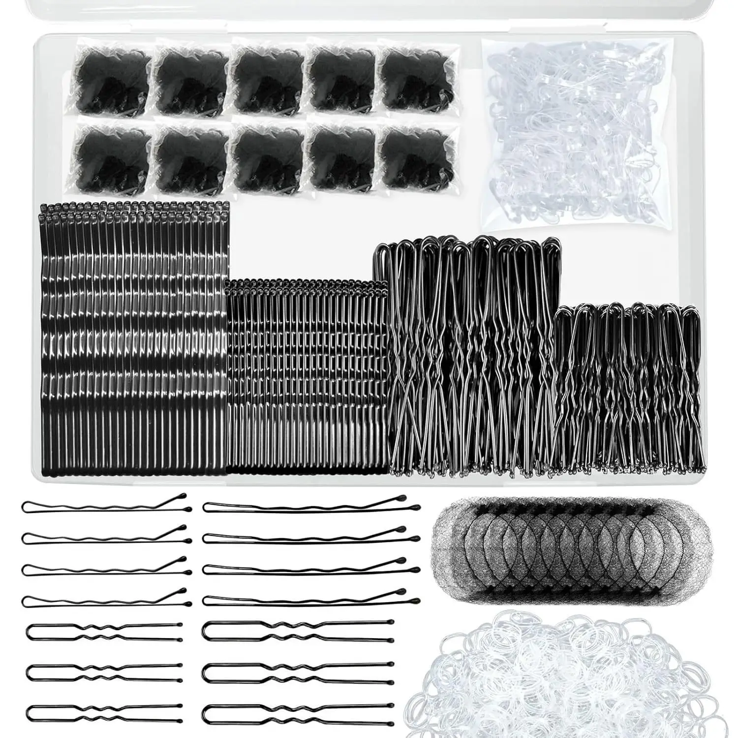 Hair Clip Set with Rubber Band & U-Shaped Clips