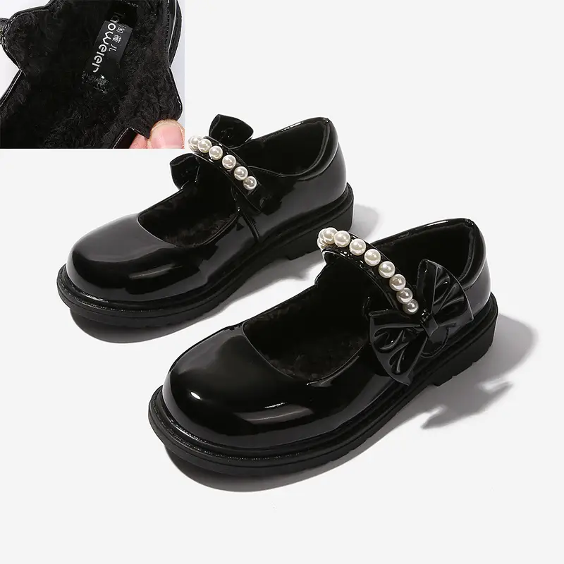 fleece-lined girls black leather shoes autumn and winter children Mary Jane Princess shoes student performance shoes school shoes performance cotton shoes
