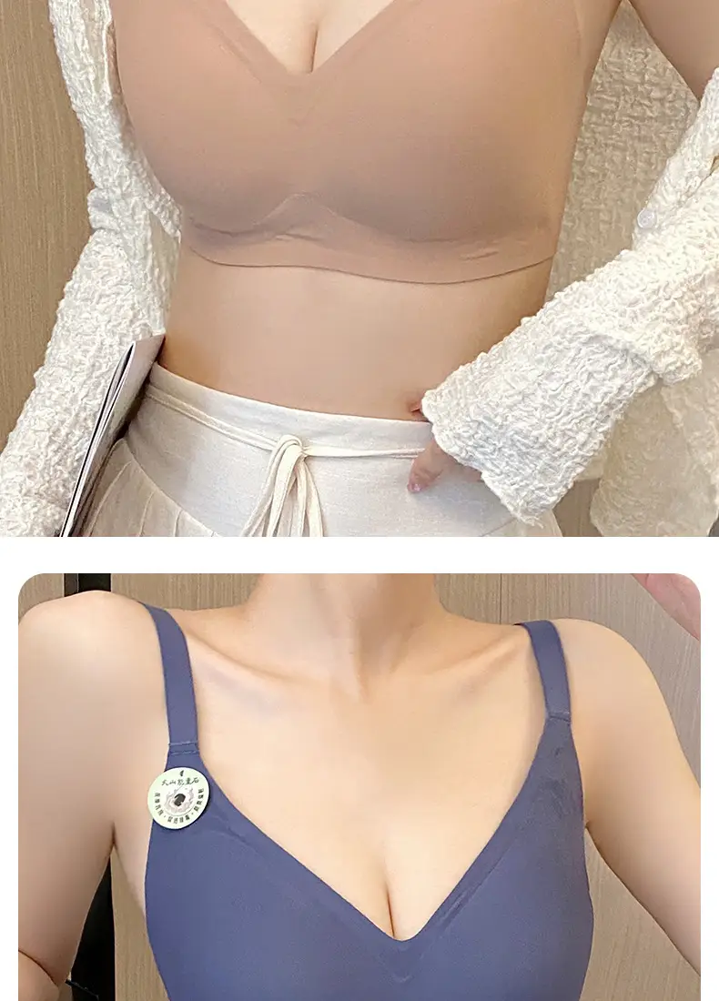 Plus size seamless jelly strip underwear women's integrated fixed cup bra push up thin big chest small volcanic stone bra — feature 20