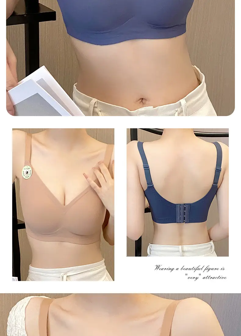 Plus size seamless jelly strip underwear women's integrated fixed cup bra push up thin big chest small volcanic stone bra — feature 21