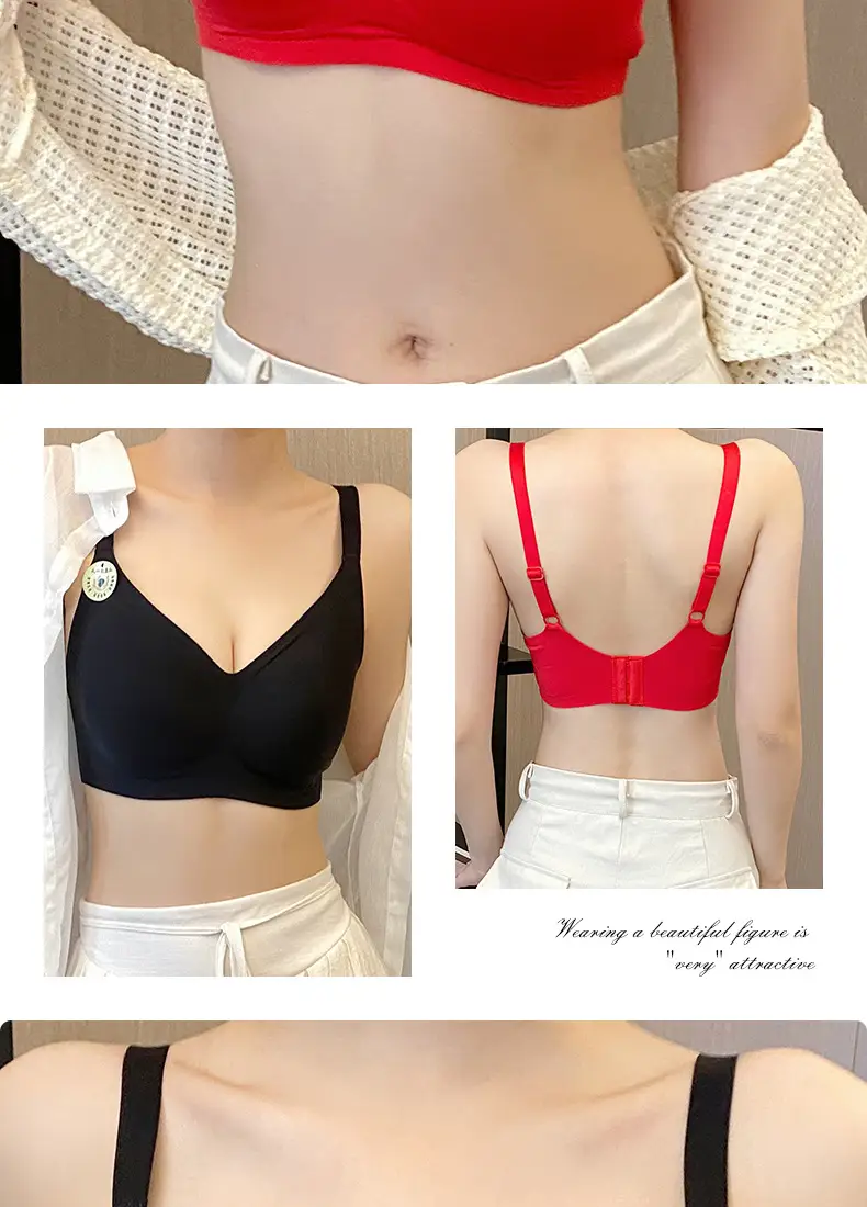 Plus size seamless jelly strip underwear women's integrated fixed cup bra push up thin big chest small volcanic stone bra — feature 24