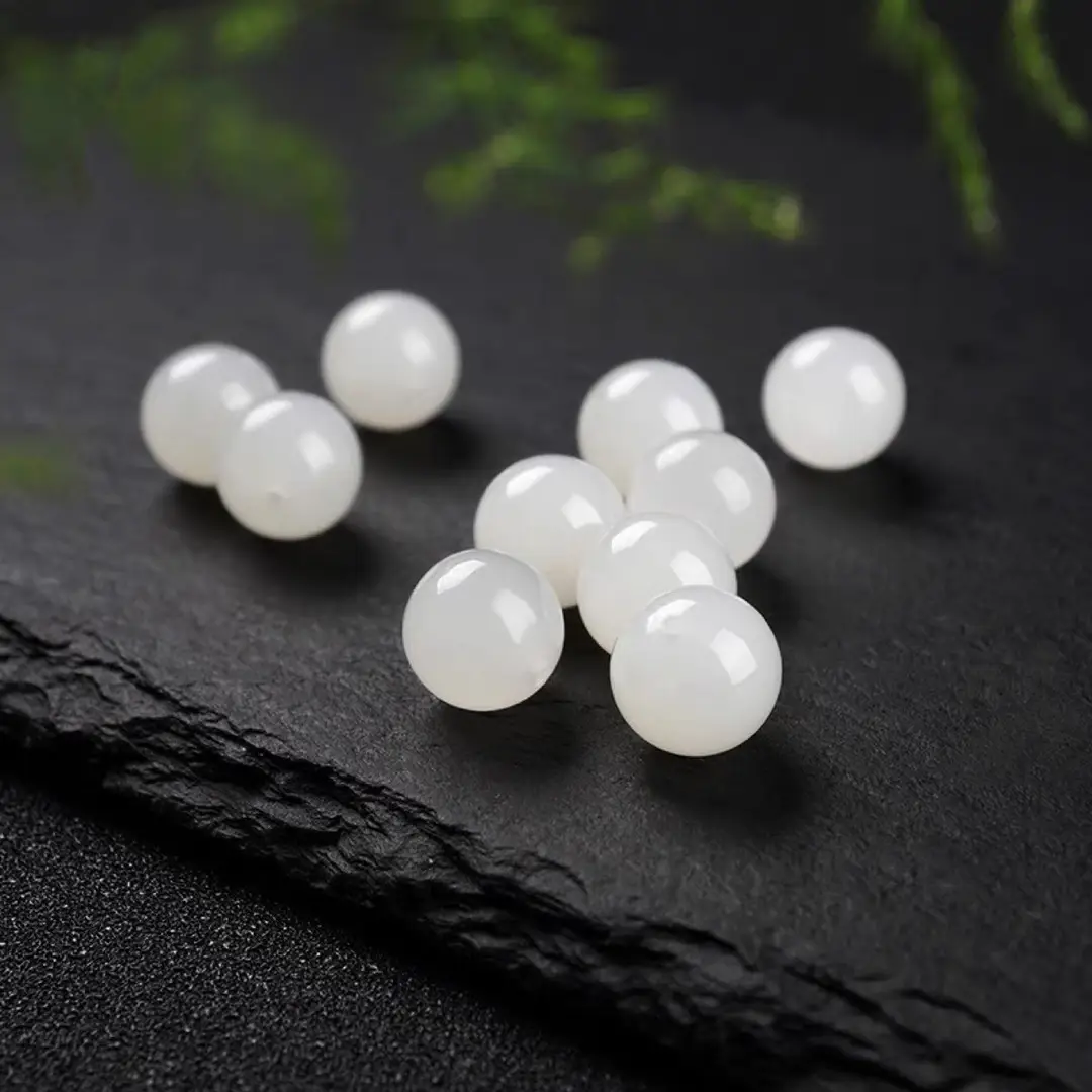 Natural Xinjiang Hetian White Jade Loose Beads Round - Image 2
