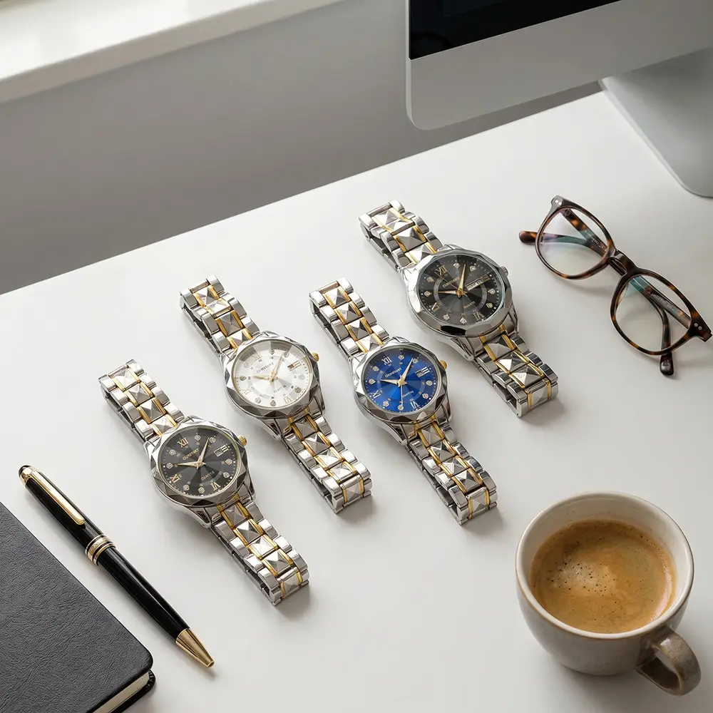 Hot-Selling In-Stock Men's Watches with a High-End Feel, Wholesale Cross-Border Luminous Waterproof Dual Calendar Steel Band Couple Quartz Watches
