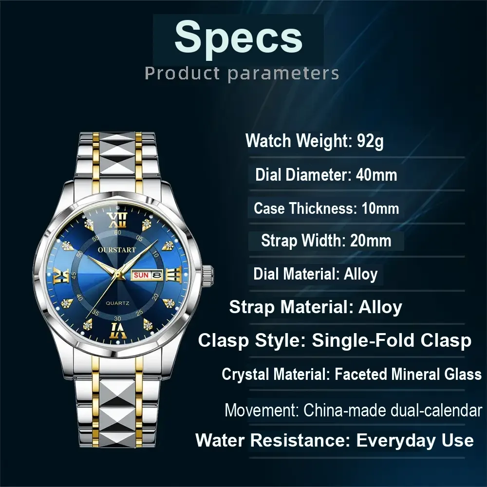 Product parameter panel showing a two-tone blue-dial watch and specifications in Chinese.