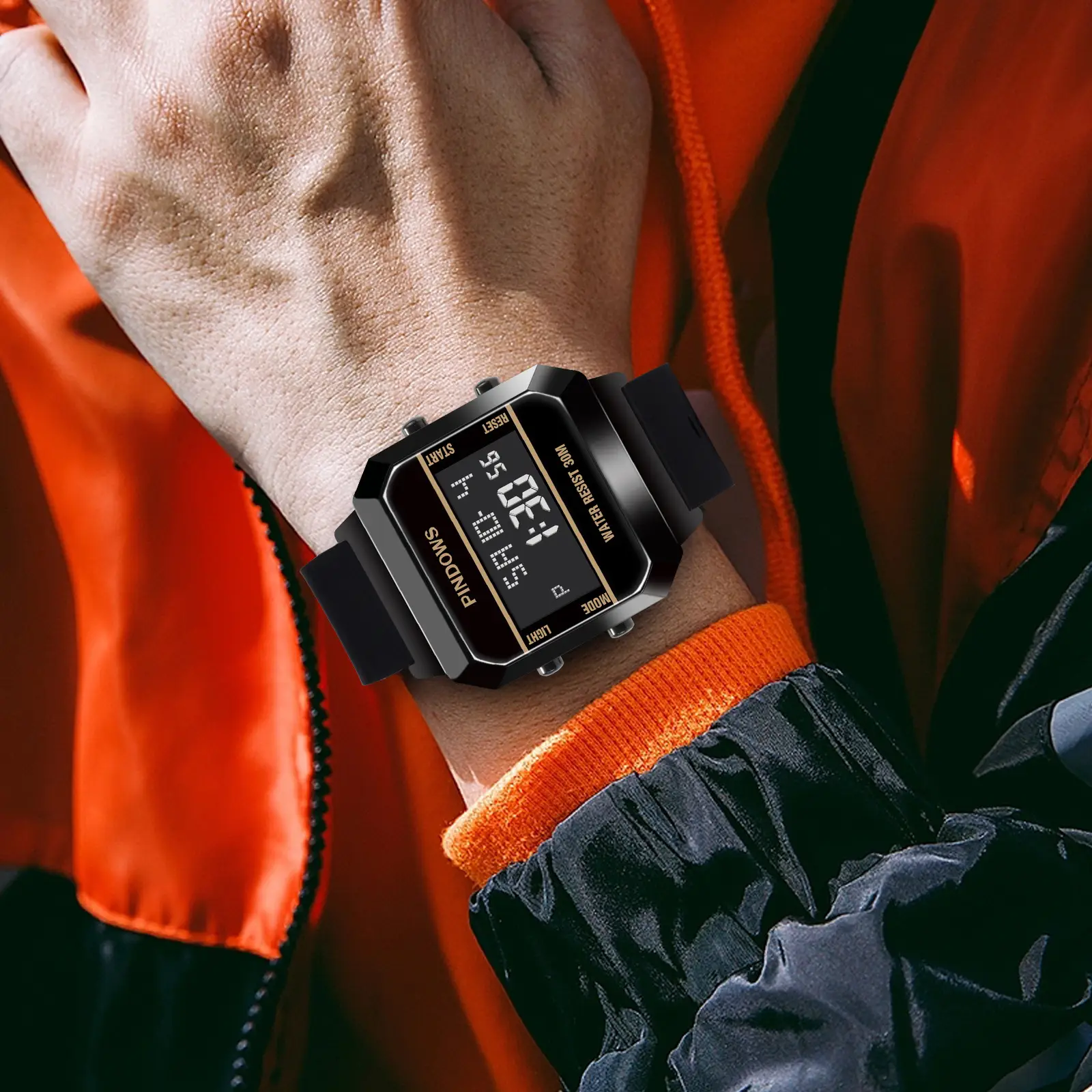 Men's Retro Luminous Sports Watch Black Orange 30m Water Resistant