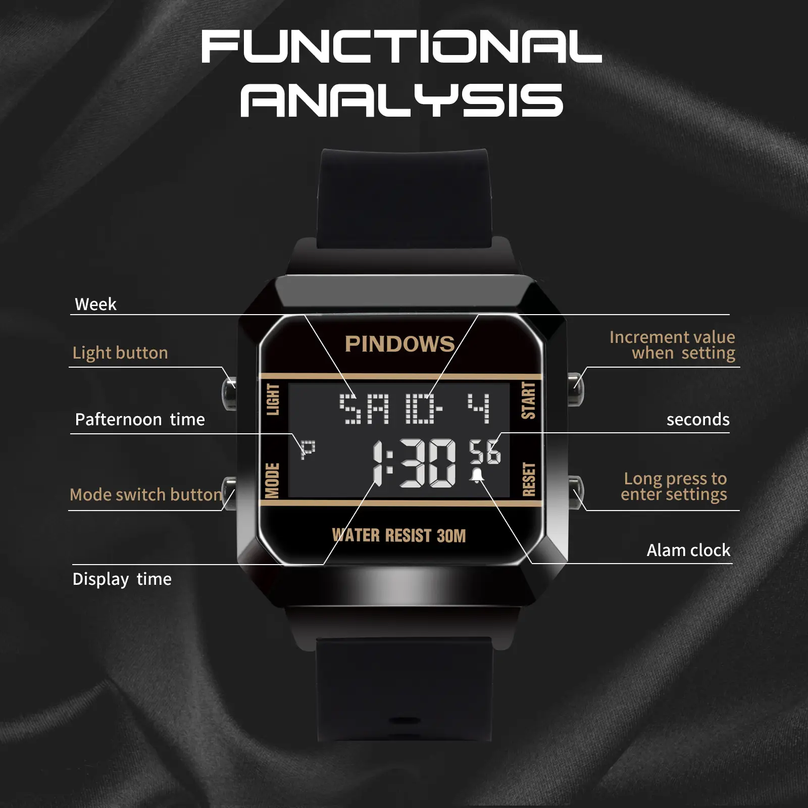 Men's Retro Luminous Sports Watch Black Orange 30m Water Resistant — feature 4