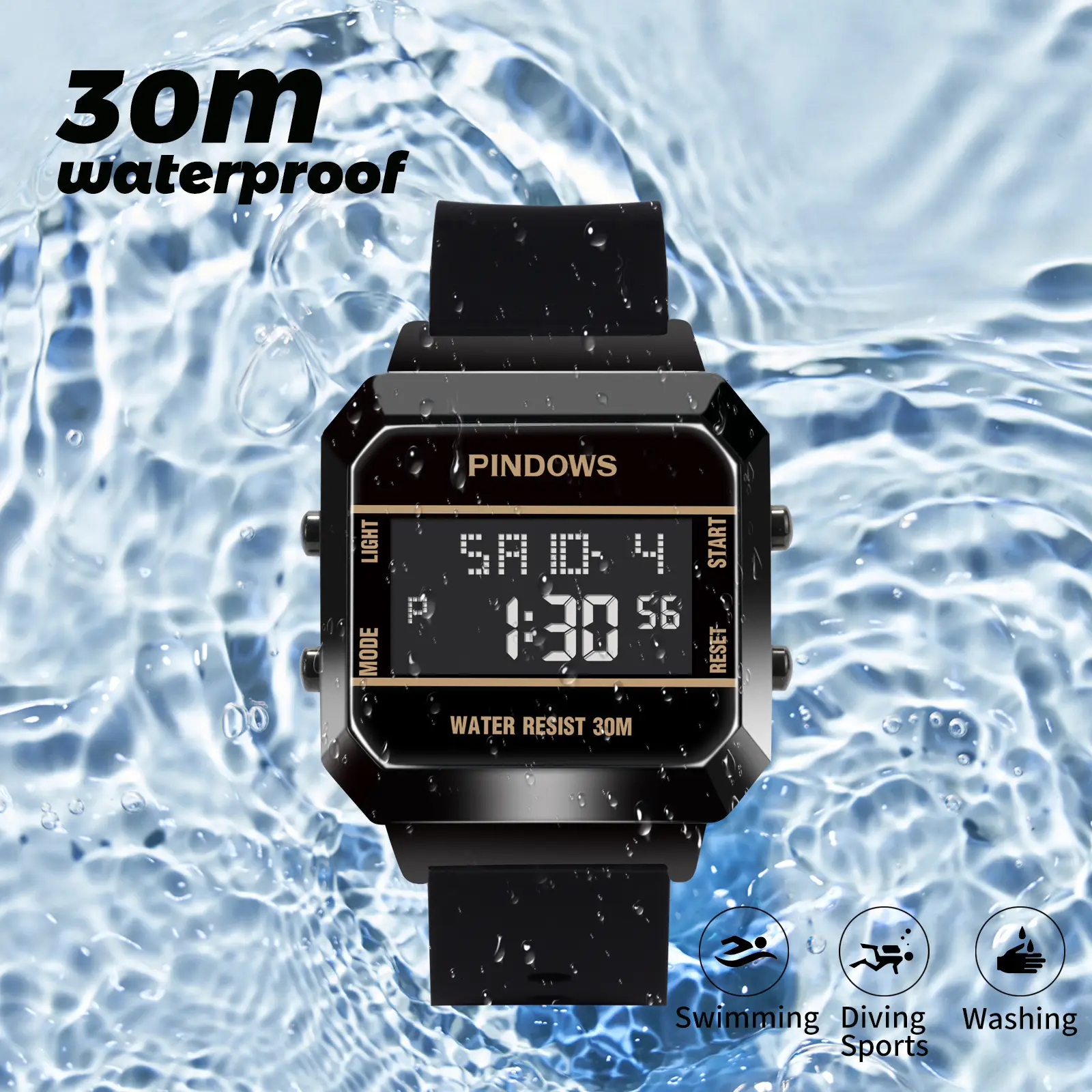 Men's Retro Luminous Sports Watch Black Orange 30m Water Resistant — feature 6