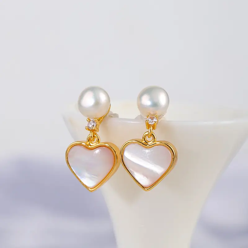 Pearl Heart Earrings for Women Fritillaria Peach Gold - Image 3
