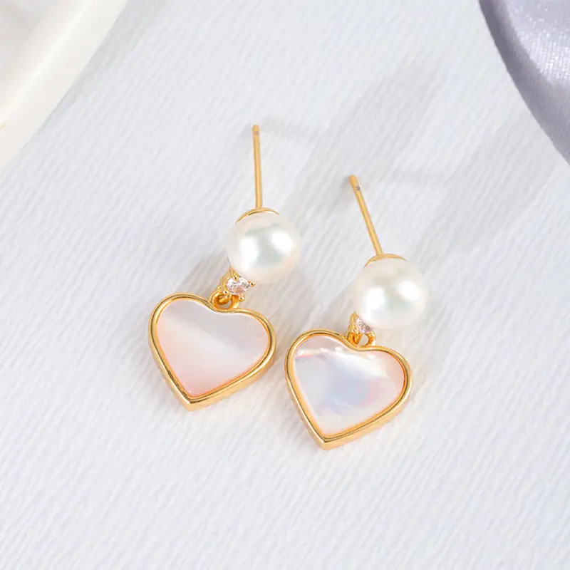 Pearl Heart Earrings for Women Fritillaria Peach Gold - Image 4