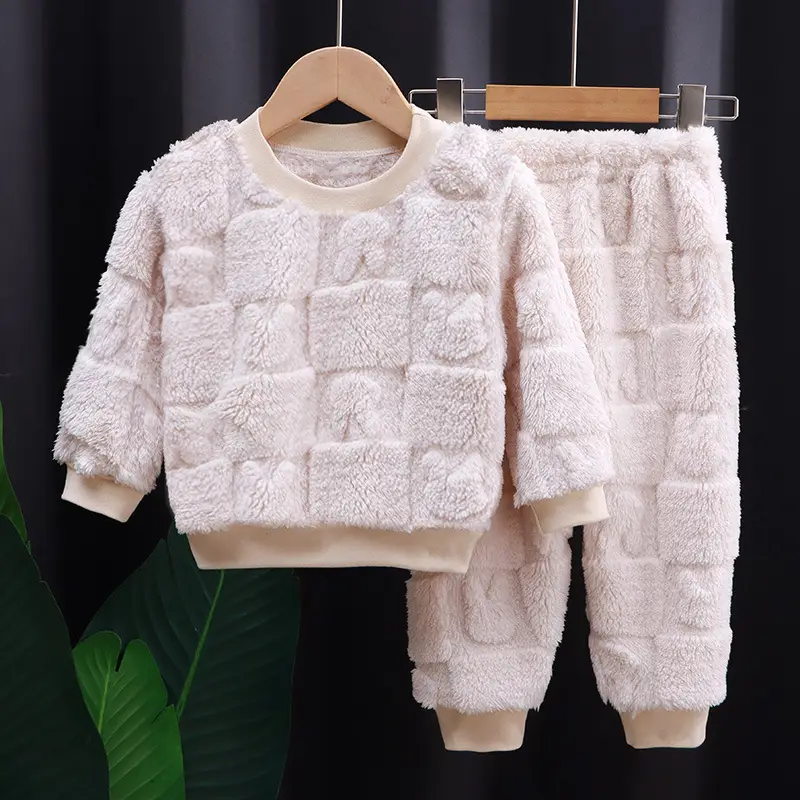 Children's Autumn and Winter Flannel Pajamas Set Korean Style Boys' Velvet Thickeneded Home Clothes Girls' Thermal Intimates Set