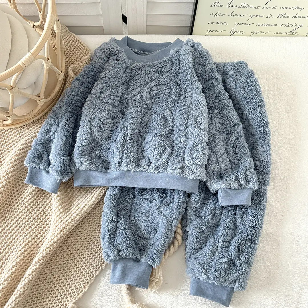 Children's Autumn and Winter Flannel Pajamas Set Korean Style Boys' Velvet Thickeneded Home Clothes Girls' Thermal Intimates Set