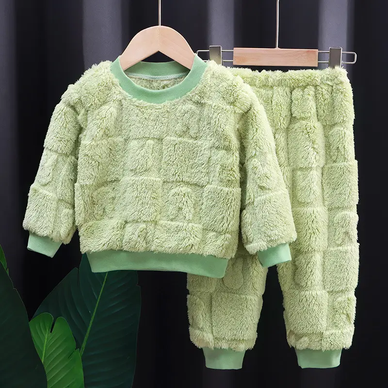 Children's Autumn and Winter Flannel Pajamas Set Korean Style Boys' Velvet Thickeneded Home Clothes Girls' Thermal Intimates Set