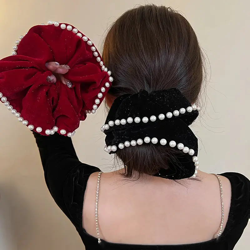 Black Velvet Pearl Hair Ring for Women