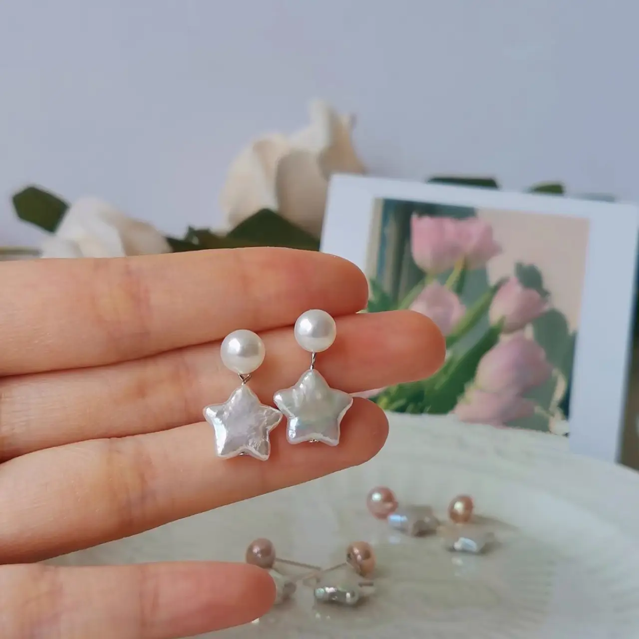Star Pearl Earrings Natural Baroque Silver Needles - Image 3