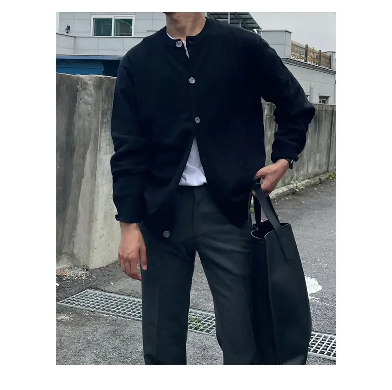 Winter Men's Grey Knitted Cardigan Coat with Black Strap — feature 5