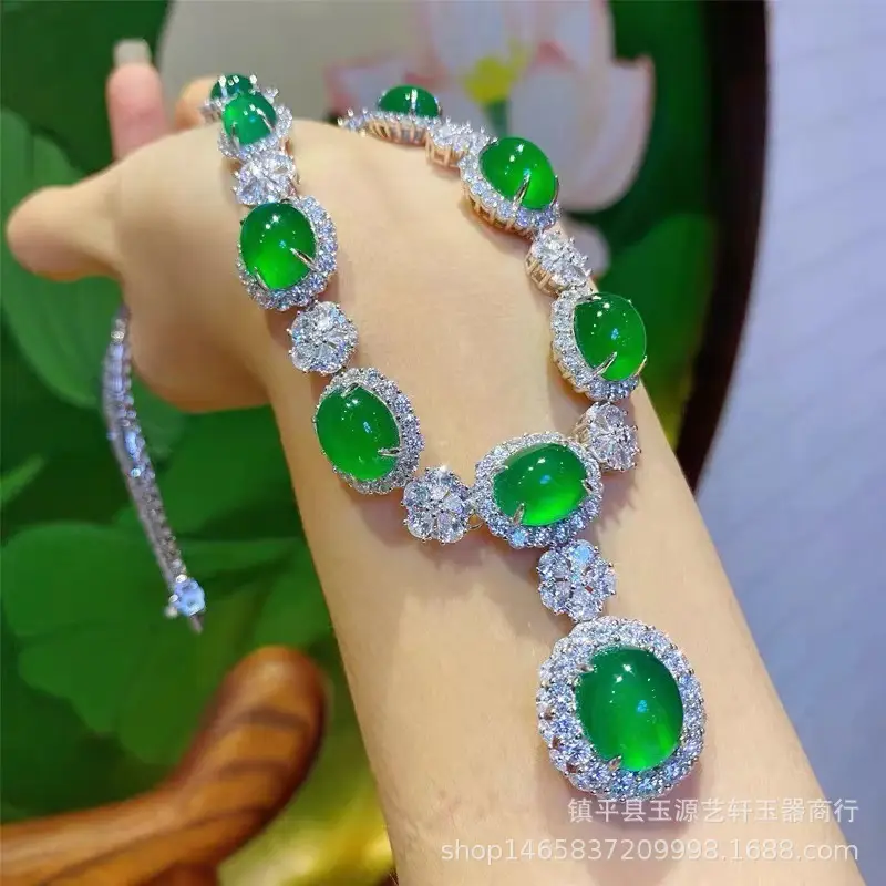 Silver Plated Frozen Agate Jade Necklace Set Green Four Piece - Image 4