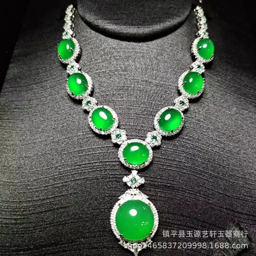 Silver Plated Frozen Agate Jade Necklace Set Green Four Piece — feature 12