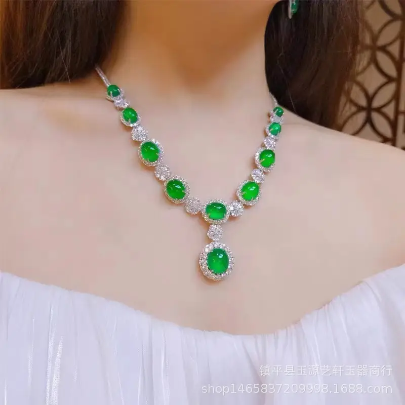 Silver Plated Frozen Agate Jade Necklace Set Green Four Piece — feature 17