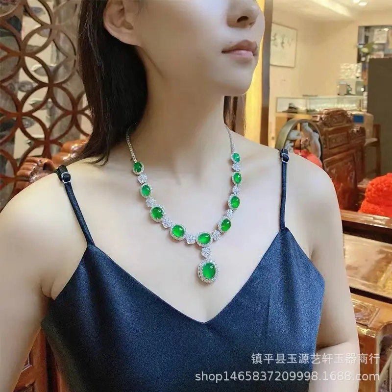 Silver Plated Frozen Agate Jade Necklace Set Green Four Piece — feature 3