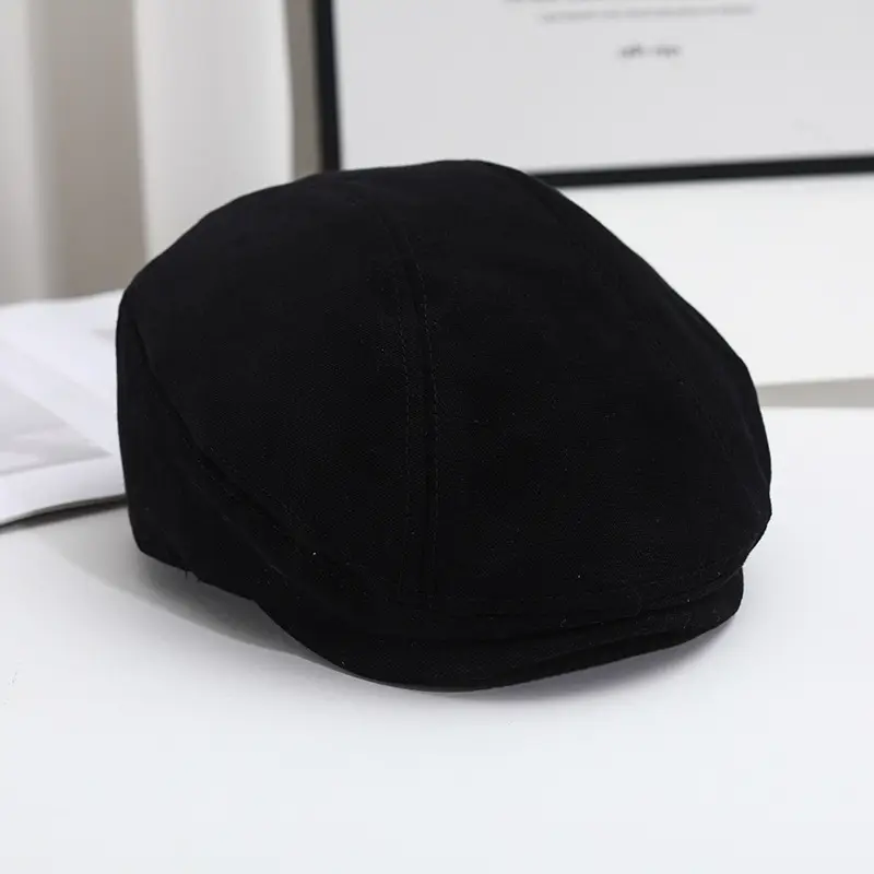 Men Linen Beret Hat Tan Large Bristle Black - Image 2