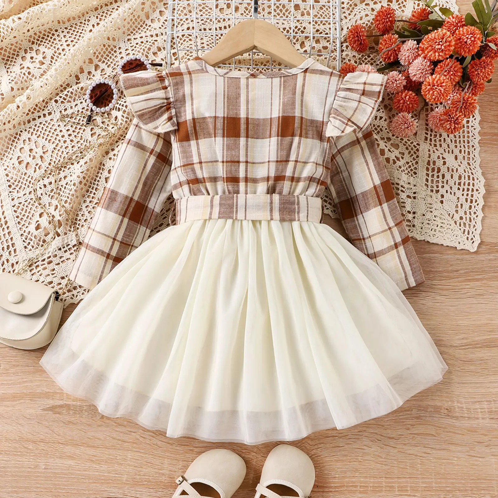 Girls Plaid Chiffon Dress with Belt & Skirt Set