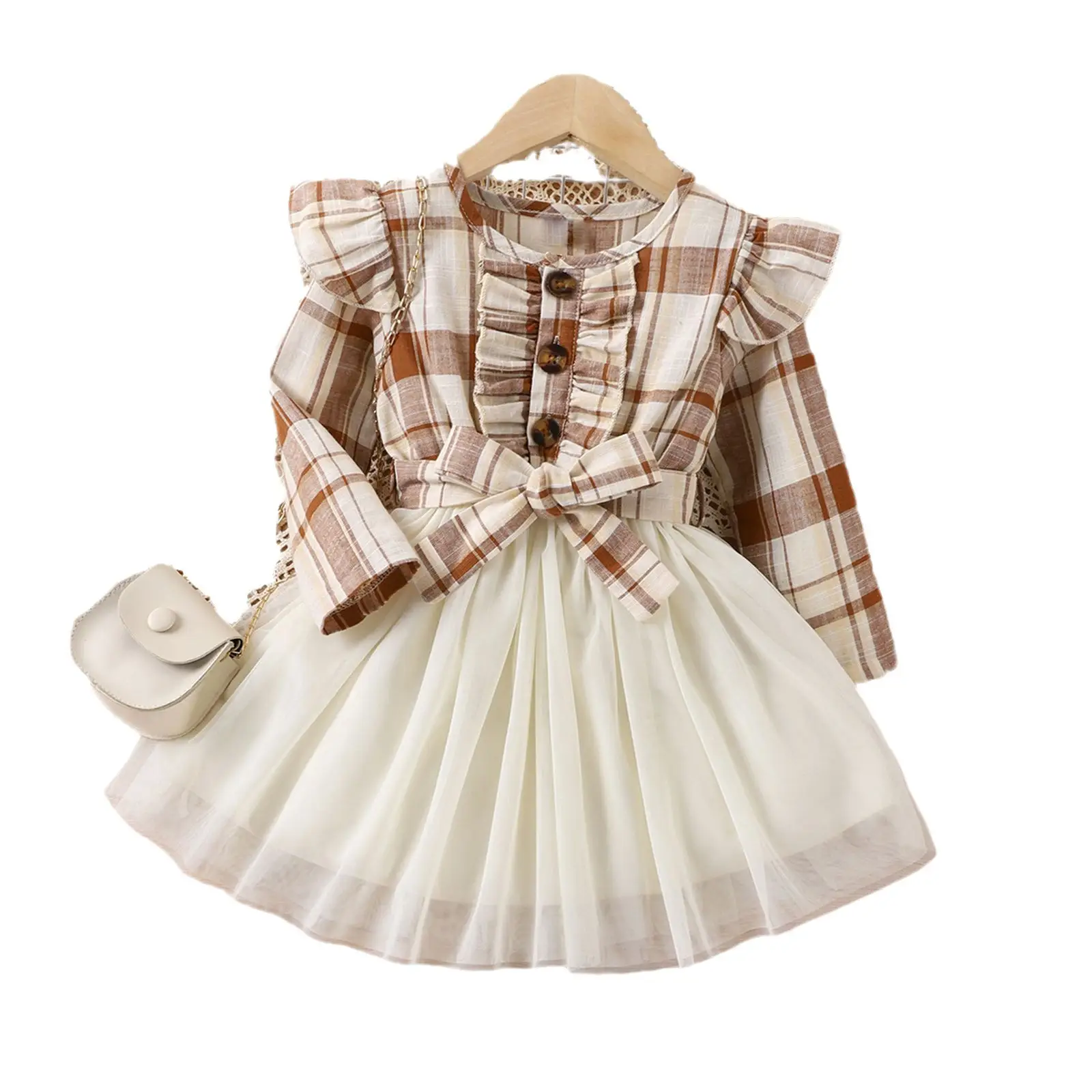 Girls Plaid Chiffon Dress with Belt & Skirt Set