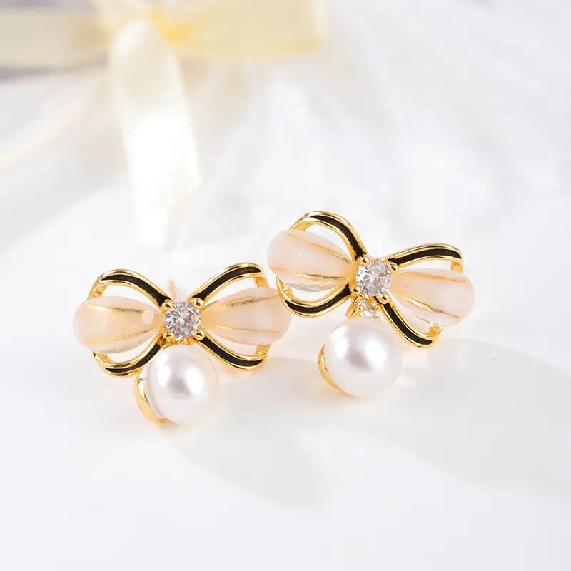 Bow Pearl Earrings for Women Gold Plated - Image 3